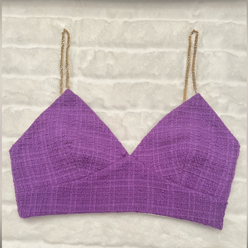 NWT Maje Lapraia Adjustable Chain Strap Purple Tweed Crop Top - Picture 7 of 12